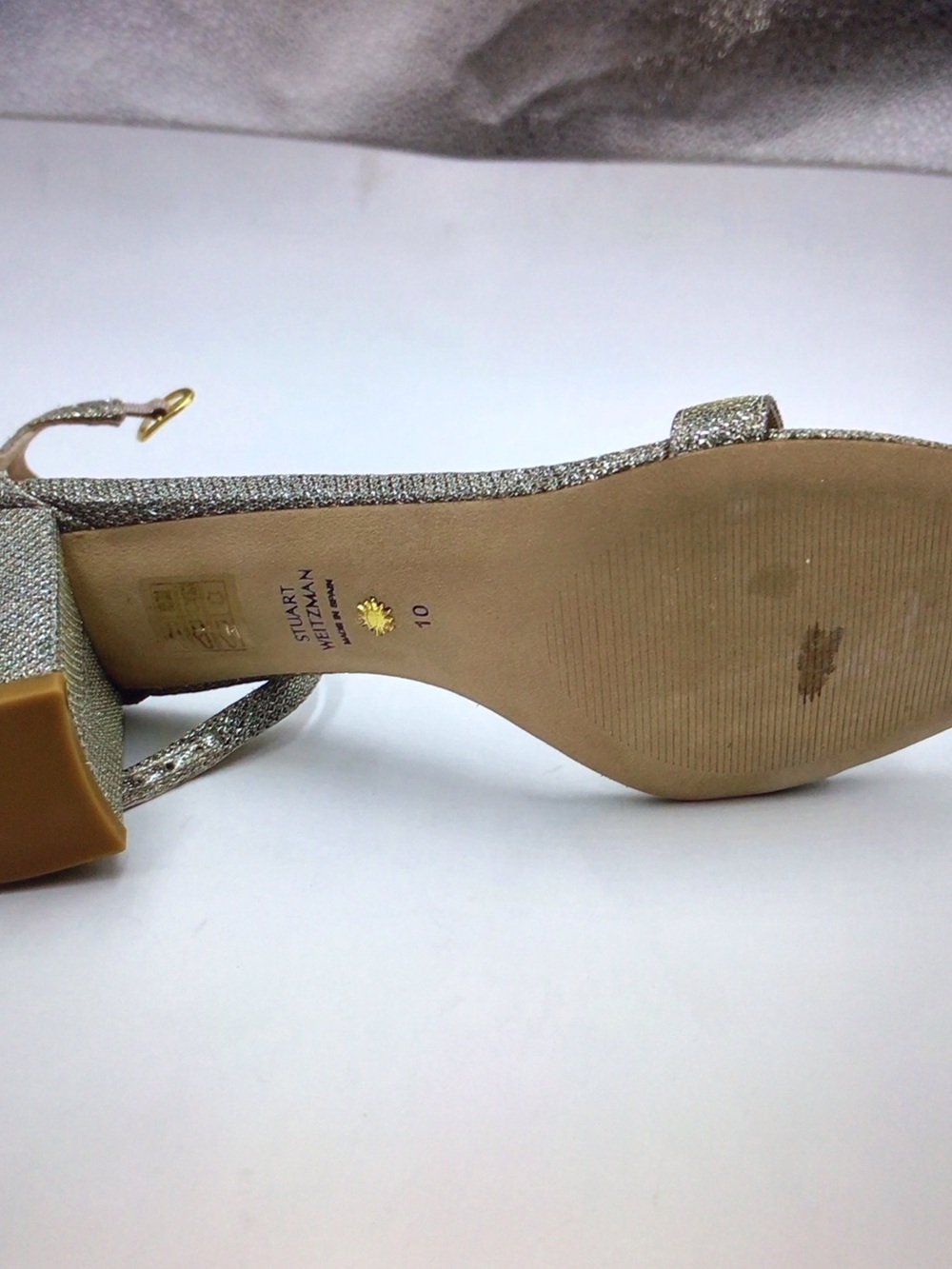 Stuart Weitzman Glittery Silver Open-Toe Ankle-Strap Heels - Picture 7 of 9
